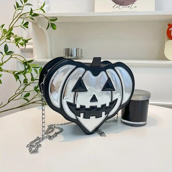Wicked Silk Handbags - Silver Pumpkin Crossbody Bag – Halloween Jack-o' Purse with Chain Strap